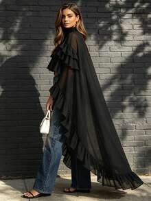 Blusa de Mujer con Capa y Volantes, Cuello Alto, Chifón Transparente, Largo Fluido, Elegante para Fiestas y Calle de Verano - Negro - Ver 3