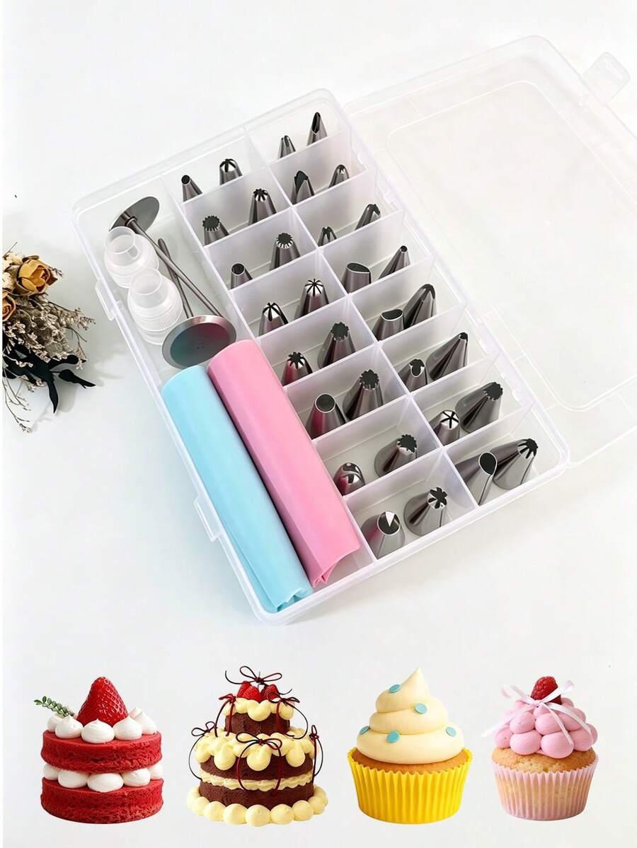 1 Box 38pcs Cake Decorating Set, Stainless Steel Piping Tips, Cake Decorating Tools, Piping Tips With Converter, Piping Bag, Cake Cream Piping Tips, Piping Nails, Piping Scissors, Piping Stand, Piping Tray, Piping Gun, Piping Clip, Baking Tools, Petal Tray, Cake Cream Stand, Baking Tools, Cream Transfer Tools, DIY Baking Tools, Kitchen Tools, Suitable For Cakes, Cupcakes - Multicolor - View 1
