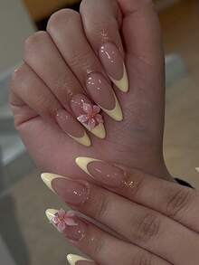 24 buah Kuku Palsu Pendek Berbentuk Almond dengan Motif Bunga Segar Dekoratif 3D untuk French Manicure, Termasuk 1 Stiker Perekat dan 1 Kikir Kuku, Cocok untuk Pemakaian Sehari-hari - MultiWarna - View 1
