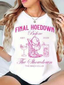 100% Cotton Final Hoedown Before The Showdown Western The Bach Club 2026 T-Shirt Women Graphic T-Shirt Cotton Print Short Sleeve Casual Top, Summer Tee Womens Tops - 白色 - 查看 9