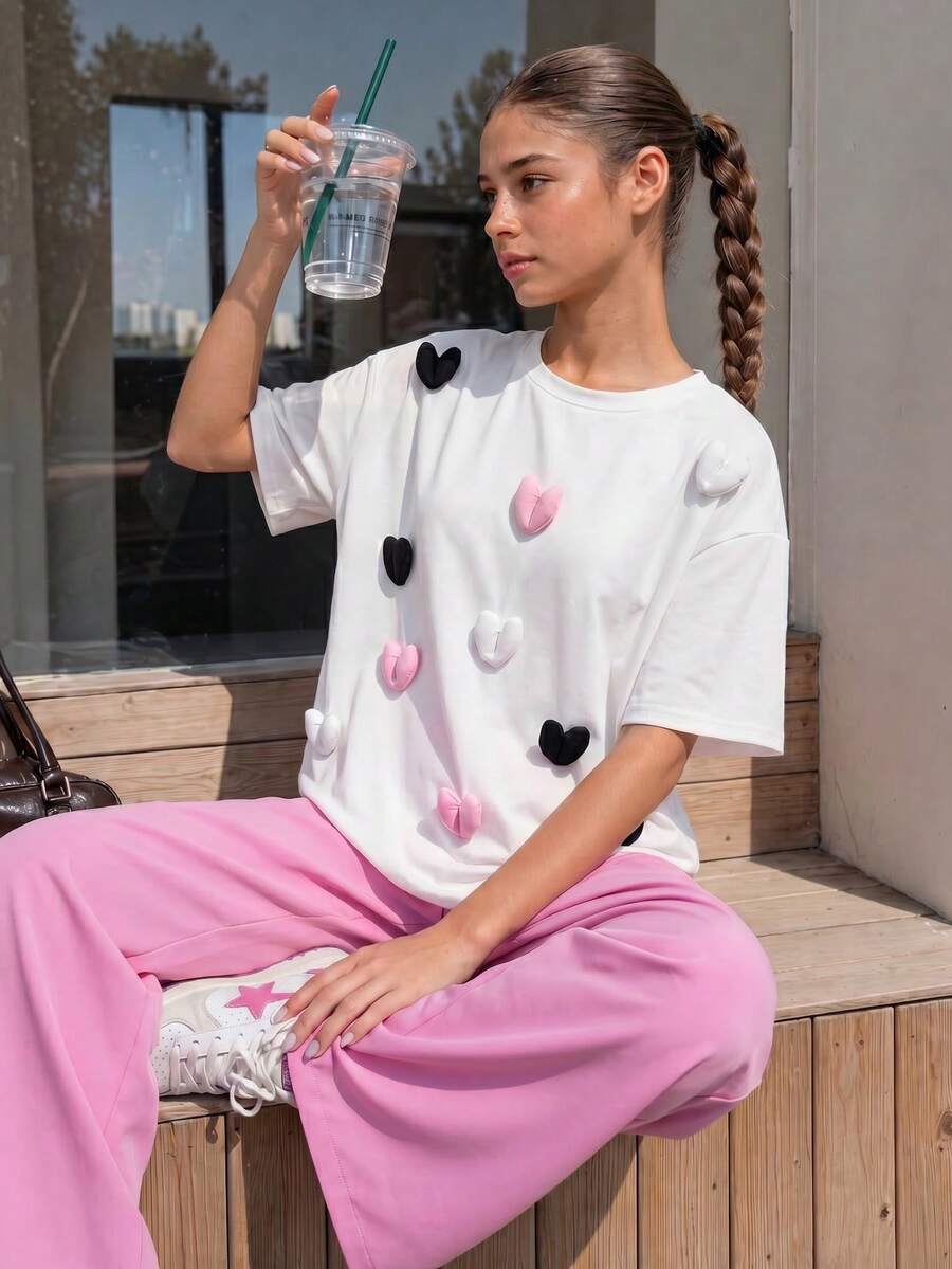 8-12 Years Old Girls Summer Casual Cute Style Set, White Short Sleeve T-Shirt With Heart 3D Decor Top Paired With Pink Loose Straight Pants, Comfortable Minimalist 2pcs Set - Pink - View 1