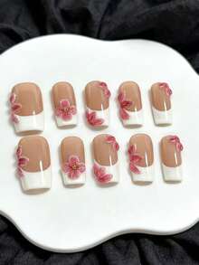 10pcs Handmade Press On Nails Square Nails Long Nails Pink Nails French Nails Flowers 3D Nail Decoration With 3pcs Nail Art Tools Nail Glue Nail Supplies Fake Nails Acrylic Press On Nails For Women And Girls To Party Travel Daily School Summer Nails Travel Vocation Music Festival - Multicolor - View 2