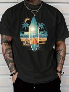 Camiseta Casual de Algodón para Hombre, Camiseta Gráfica de Surf Tropical para Hombre - Camiseta de Vacaciones en la Playa con Diseño de Palmeras y Tabla de Surf - Negro - Ver 1