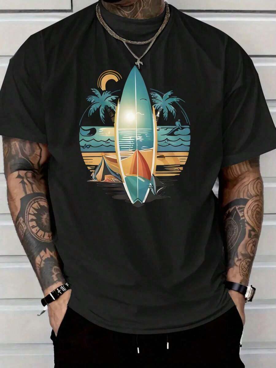 Camiseta Casual de Algodón para Hombre, Camiseta Gráfica de Surf Tropical para Hombre - Camiseta de Vacaciones en la Playa con Diseño de Palmeras y Tabla de Surf - Negro - Ver 1