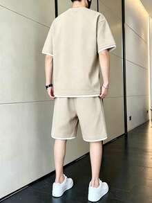 Men's Summer Contrast Color Round Neck Drop Shoulder Loose Casual T-Shirt And Drawstring Waist Shorts Set - Apricot - View 3