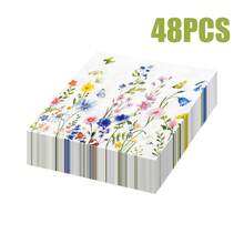 96/48/24pcs 13 * 13 Inch Watercolor Style Colorful Wildflower Printed Disposable Napkins, With White As The Base, Paired With Watercolor Hand-Painted Style Colorful Wildflowers, Branches And Leaves, And Butterfly Patterns, Suitable For Daily Dining Tables, Afternoon Tea, Picnics, Garden Parties, Spring Themed Gatherings, Family Birthday Parties, Wedding Banquets, And Restaurant Decoration - View 5