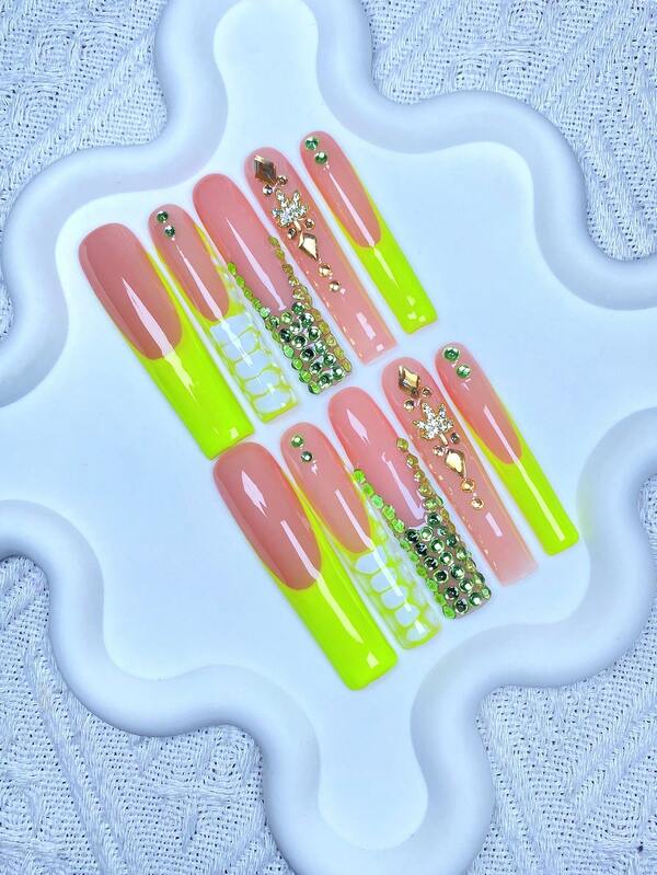 10pcs Y2K Extra Long French Press On Nails Full Coverage Fake Nail Handmade Press On Nails With 3D Shiny Water DiamondDecor,Perfect For Weddings, Parties, Valentine's Day, Birthdays, Christmas Gifts,Supremely Fit, Reusable Nail Art,1pc Jelly Gel/1pc Mini Rubbing Strips ,Detachable Press On Nails Set,Suitable For Ladies And Girls For Holiday Parties And Daily Wear,Nail Products ﻿