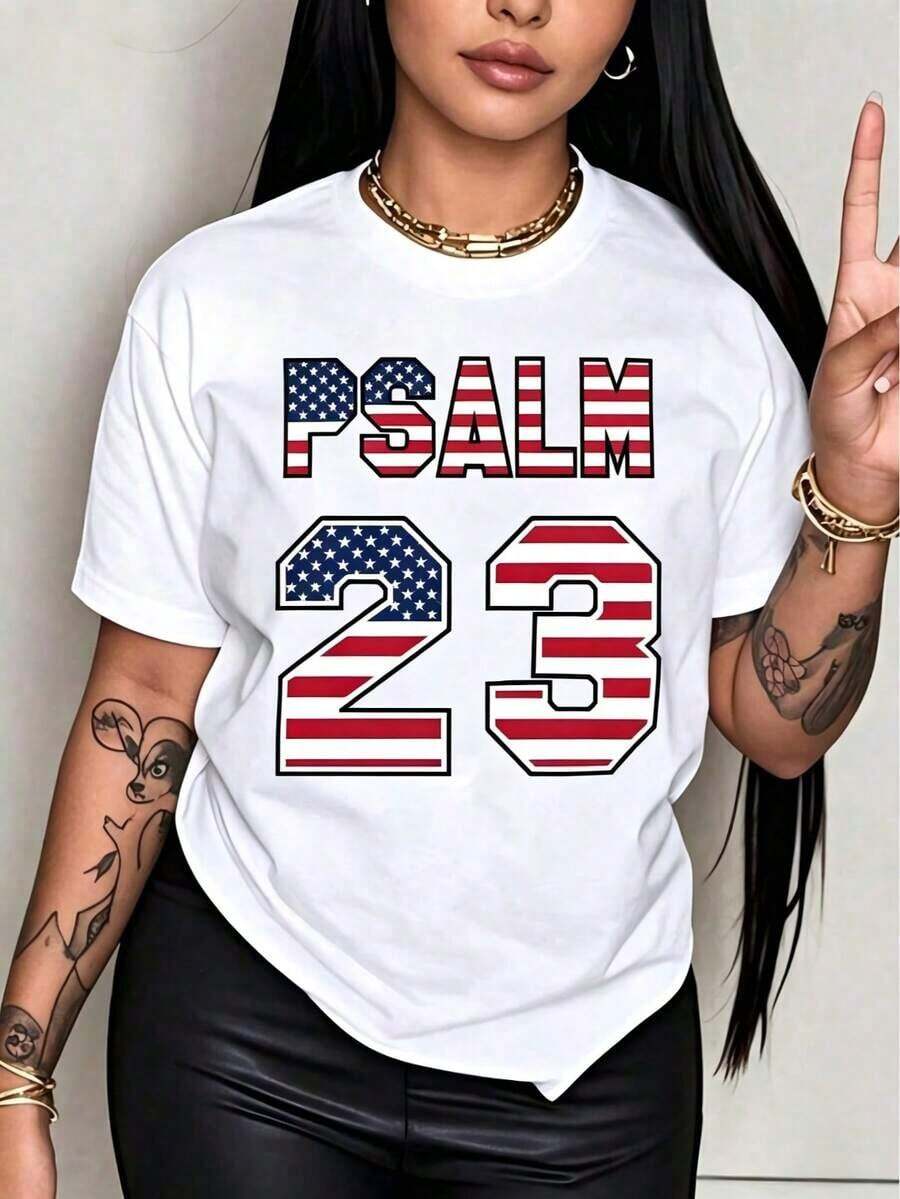 1 pieza de camiseta de talla grande para hombre, camiseta holgada y transpirable para mujer con estampado del Salmo 23 - Esta camiseta premium de manga corta y cuello redondo presenta llamativos caracteres verdes y está confeccionada con un tejido suave y transpirable. Es perfecto para reuniones navideñas y también es un regalo ideal. 180g Algodón 100%. - Blanco 3 - Ver 1