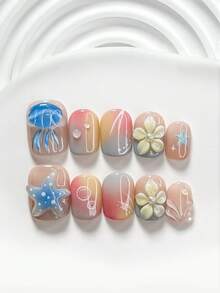 10 peças Conjunto de Arte de Unhas Estilo Oceano Sonhador Feito à Mão, Inclui Unhas de Gel, Decorações de Água-Viva, Estrela-do-Mar e Flor de Cinco Pétalas Esculpidas à Mão, Esmalte de Unhas Azul e Amarelo, Estilo Fresco de Verão, Acompanha Ferramentas de Arte de Unhas (1 peça Autocolante de Gelatina + 1 peça Lima de Unhas). Disponível em 3 Tamanhos: Unhas Quadradas, Unhas Quadradas Curtas, Unhas Amendoa. Adequado para Festas, Uso Diário, Eventos, Fotos, Deslocações Primavera/Verão e Outras Ocasiões. - Multicolorido - Ver 10