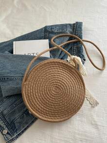 Sac à bandoulière diagonal à la mode, pochette de téléphone style chapeau mignon, petit sac rond créatif tricoté avec motif floral chic de campagne adorable pour les filles - Kaki - Voir 9