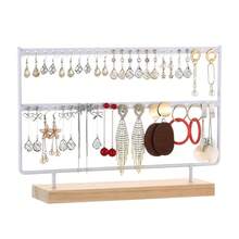Soporte de exhibición de pendientes de 2 niveles y orificios, organizador de almacenamiento de joyas de metal de 2 capas con base de madera en de árbol, estante para pendientes, regalo para mujeres. - Rosa, 46 agujeros - Ver 6