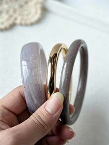 3pcs Set Fashionable Elegant Exaggerated Retro Acrylic Gold CCB Bangle Bracelet Set, Minimalist Design, Suitable For Daily And Party Wear, All Seasons (Resin Bracelet Floral Pattern Random) - Grey - View 6