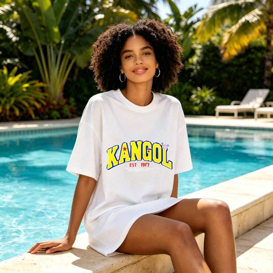 Casual Oversized Style Women's T-Shirt Kangol Logo Print Summer Beach Wear Gift For Her - 白色 - 查看 1