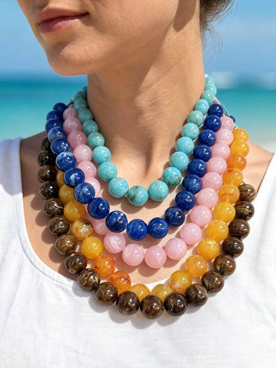 1pc Bohemian Style Acrylic Beaded Adjustable Rope Necklace With Geometric Cloud Pattern, Suitable For Summer Beach Vacation - Rope Beaded Necklace - View 1