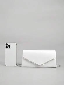 REMANLAND Mini Shiny Solid Color Crystal Leather Square Clutch, Rhinestone Embellished Evening Bag, Perfect Accessory For Women's Ball Gown, Sequin Dress, Elegant Party Bag, Suitable For Wedding, Prom, Party, Banquet And Other Formal Occasions - White - View 7