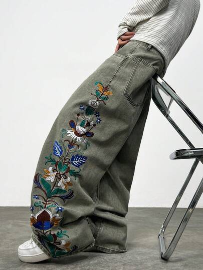 1 chiếc quần jeans nam Justice Brother vintage thêu họa tiết, dáng rộng, ống rộng, thoải mái, đã qua xử lý giặt, phù hợp cho mọi mùa.