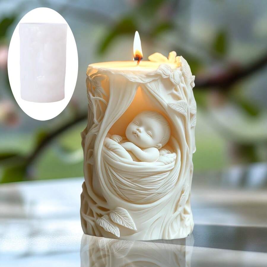 Molde de silicona cilíndrico en forma de cuna con niño adorable, molde para velas cilíndricas con ángel niño o niña durmiendo en la cuna, molde de resina o yeso para artesanía y regalos con ángel debajo de la cuna - A - Ver 1