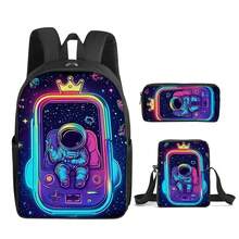 Conjunto de 3 piezas: Mochila impresa de astronauta de 16 pulgadas (mochila de capa única + bolso cruzado mini + estuche de lápices de capa única) - Negro - Ver 2