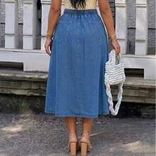 Plus Size High Waisted Snug Casual Blue Slanted Pocket Curved Women's Jeans Dress - Medium Wash - View 5