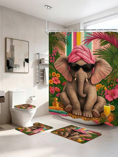 Bộ 1/3/4 món rèm tắm hình voi ngộ nghĩnh và hoa nhiệt đới, phong cách Bohemian rừng rậm, chống thấm nước và chống nấm mốc, chất liệu polyester - có thể giặt máy, thảm phòng tắm mềm chống trượt + bọc bồn cầu + thảm chữ U, kèm 12 móc treo, sử dụng được quanh năm, trang trí phòng tắm gia đình, phù hợp cho sử dụng hàng ngày, cải tạo nhà thuê, làm mới phòng tắm trong kỳ nghỉ, sử dụng phòng tắm tách biệt khô và ướt, quà tặng tân gia/sinh nhật/ngày thiếu nhi/ngày của mẹ/ngày của cha.