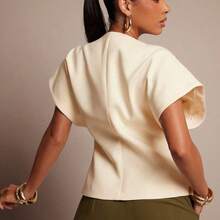 Solid Textured Woven Asymmetrical Hem Single Button Waistcoat Top - Verde - Ver 6