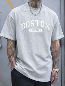 Men 100% Cotton Boston Letter Print Crew Neck Short Sleeve T-Shirt Soft Breathable All Season Casual Tee For Daily & Holiday Gift - 灰色 - 查看 12