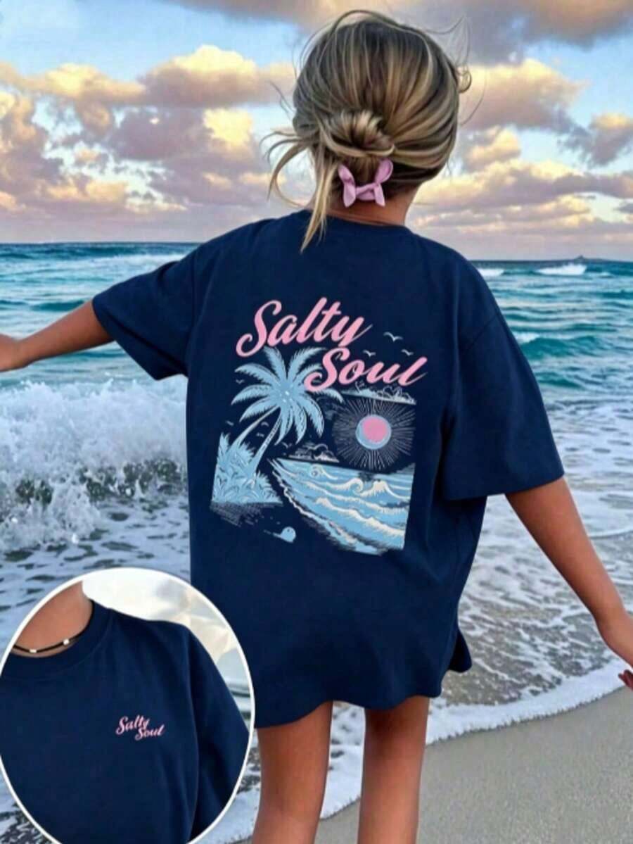 2026 Tropical Vacation Outfits2026 New Arrival Women's High Quality Salty Soul Graphic T-Shirt, Premium Cotton Vintage Washed Oversized Tee With Palm - 藏蓝色 - 查看 1