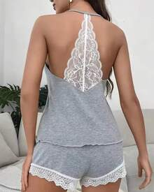 Conjunto de Pijama de 2 Piezas de Encaje de Ganchillo para Mujer Talla Grande, sin Mangas, Cuello en V, Ropa de Dormir Informal, Sexy, Lisa, para el Hogar, Ropa de Verano - Gris - Ver 3