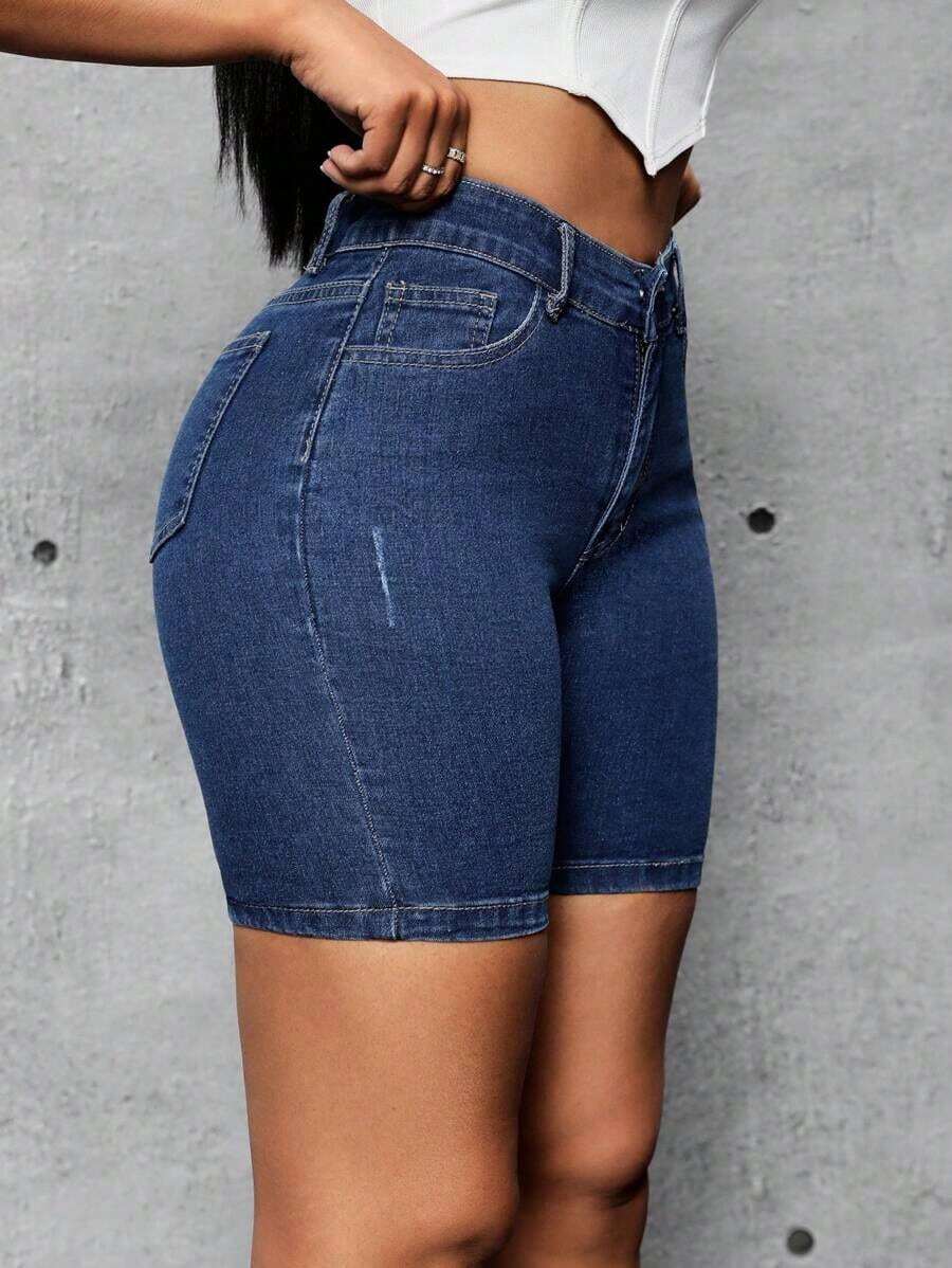 Women's Stretchy Knit Denim Shorts |   High Waisted Slim Fit Jean Shorts With Cat Whiskers |   Soft Comfortable Summer Biker Shorts |   Classic Bodycon Denim Bottoms - Màu xanh lam - Xem 1