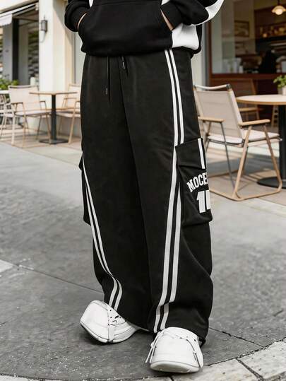 Pantalones cargo deportivos americanos con rayas blancas laterales, para hombres, con estampado de letras, de múltiples bolsillos, rectos y holgados de uso casual