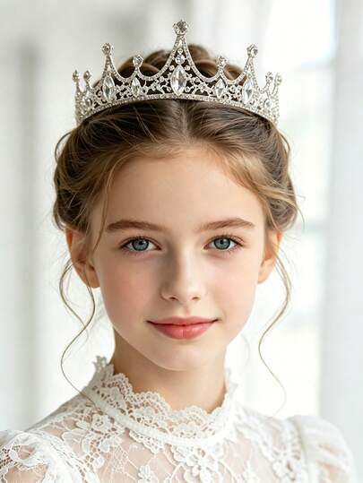 1pc Girls Silver Rhinestone Crown Headband, Suitable For Birthday Party, Wedding, Stage Performance With Formal Dress