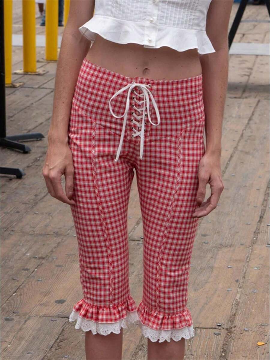 Women Capri Pants Lace Ruffles Front Cross Tie-Up Summer Casual Cropped Pants Stretch Crop Leggings - Rojo - Ver 1