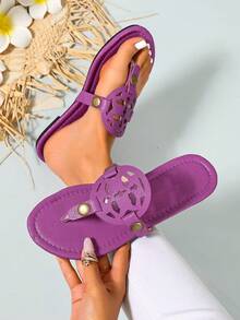 Ximi Ruo Sandalias planas de estilo coreano casual, de punta abierta, sandalias romanas tejidas para mujeres, adecuadas para primavera, verano, playa, vacaciones, combinables con vestidos, color marrón - Morado - Ver 2