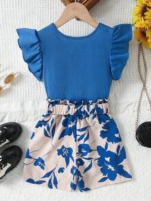 2pcs Girls Summer Fashion Ribbed Top & Printed Shorts Set, Suitable For Outdoor And Daily Wear - Royal Blue - View 4