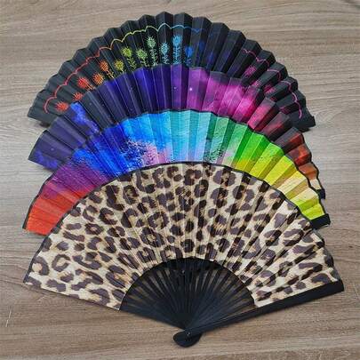Elegant Leopard Print Folding Fan With Black Frame - Fashion Princess Theme, Lightweight And Portable For Women, Hand-Held Fan | Princess Theme Fan | Lightweight Fan,Spring Summer Picks,Brides Maid Gifts,Room,Bedroom Decor,Beach,Travel,For Men,For Women,Vacation,Cute Stuff,Mother's Day Gift