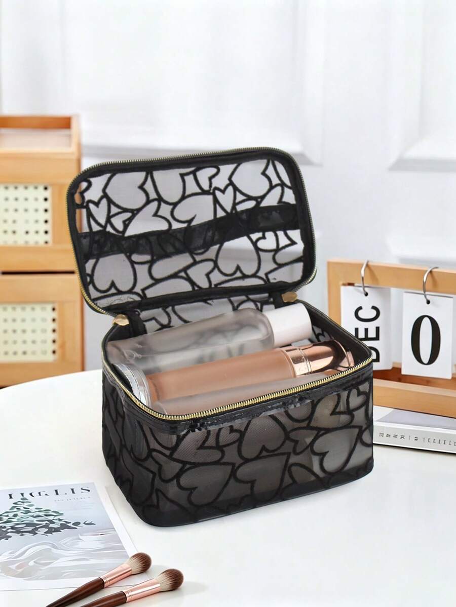 1pc Minimalist INS Sweet & Cool Black Heart Print Mesh Cosmetic Bag, Large Capacity Transparent Toiletry Bag, Travel Organizer Pouch With Star Zipper