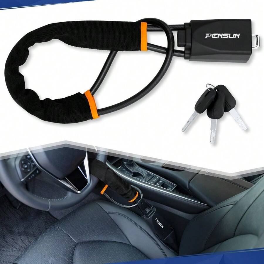 Universal Anti-Theft Steering Wheel Lock With Seat Belt Cutter – Compact Multi-Function Car Security Device, Fits Most Vehicles, SUVs, Golf Carts – Max 17in Length – Black - Black - 查看 1