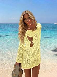 Women's Solid Color Sexy Hollow Out Transparent Metal Ringed Design Long Sleeve Beach Cover Up Crop Top Mini Dress, Summer Vacation Yellow - Light Yellow - View 5