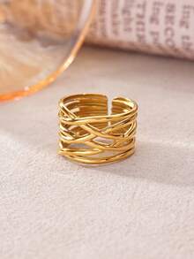 1 pieza Anillo abierto minimalista de acero inoxidable para mujer, anillo dorado, anillo ajustable abierto para el dedo, anillo de mujer, joyería de fiesta, accesorios de moda para mujer, accesorios para uso diario - Multicolor - Ver 7