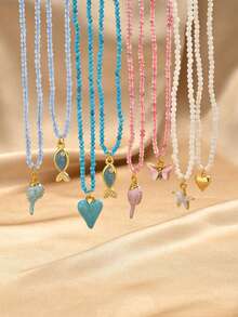 1pc Blue, Pink, Light Blue, White Colorful Turquoise Beaded Stainless Steel Chain Ocean Element Heart Pendant Necklace For Women, Summer Jewelry - Multicolor - View 6