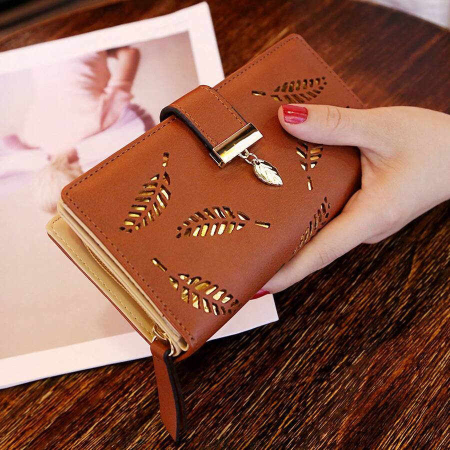 Women's Long Fashion Clutch Wallet With Hollow Leaf Design And Zipper Clasp - Coffee Brown - View 1