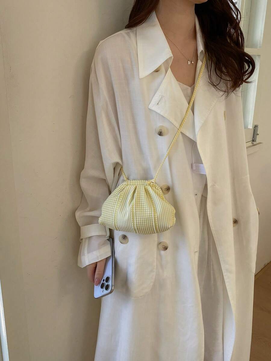 New Fashionable Korean Style Casual Chic Fresh High-Quality Plaid Drawstring Shoulder Crossbody Bag - Yellow - View 1