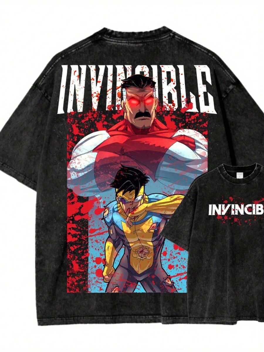 2026 Men's Washed Streetwear Brand Has Launched An Oversized T-Shirt Featuring Invincible Comic Character Designs And Text. This Casual Outfit Is An I - 黑色3 - 查看 1