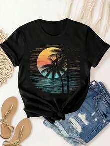 Camiseta de Mujer con Estampado de Cocotero al Atardecer, Moda de Verano para Mujer, Casual, Cómoda, Suave, Deportiva y para Fitness, Transpirable, de Cuello Redondo y Manga Corta para Uso Diario al Aire Libre - Negro - Ver 5