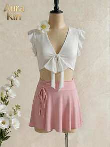 White Bow Front Ruffle Top & Pink Mini Skirt Two-Piece Set, Casual V Neck Summer Beach Loungewear Outfit - Nhiều màu - Xem 8