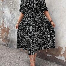 Plus Size Women Floral Print Round Neck Dress, Women Summer Outfit - Negro - Ver 7