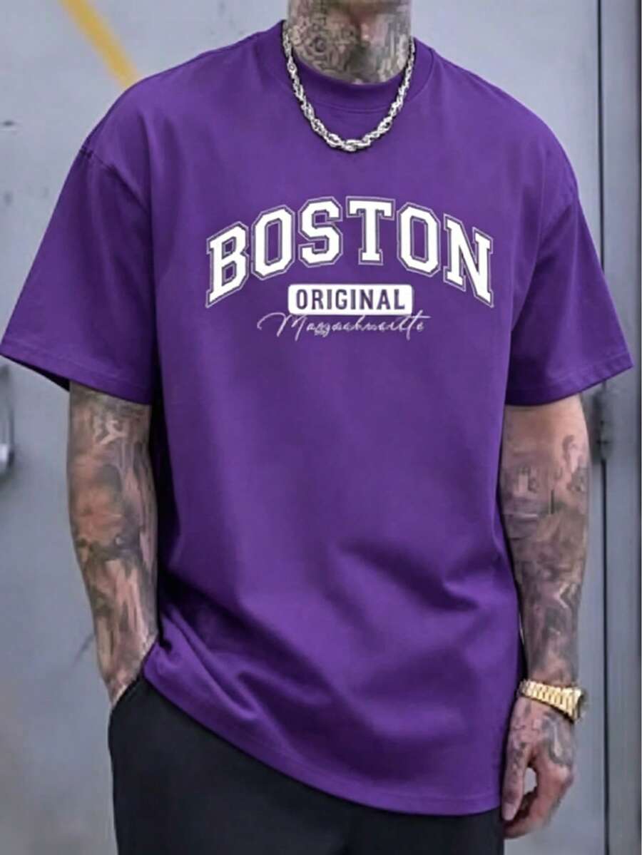 Men 100% Cotton Boston Letter Print Crew Neck Short Sleeve T-Shirt Soft Breathable All Season Casual Tee For Daily & Holiday Gift - 紫色 - 查看 1