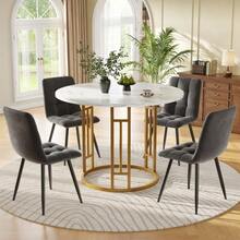 Dining Table Set (5 Pieces), Dining Table Set With 4 Chairs, Modern Kitchen Dining Table Set, 80cm Diameter Round Kitchen Table With Gold Metal Legs, MDF Tabletop With Marble Effect, Grey Dining Chairs - Gold - View 2