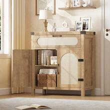 Rattan Sideboard Buffet Cabinets With Storage, Buffet With Drawer, Adjustable Shelves, - Wood Color - View 7