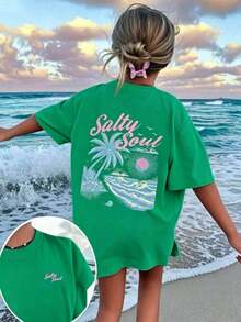 2026 Tropical Vacation Outfits2026 New Arrival Women's High Quality Salty Soul Graphic T-Shirt, Premium Cotton Vintage Washed Oversized Tee With Palm - 綠色 - 查看 12